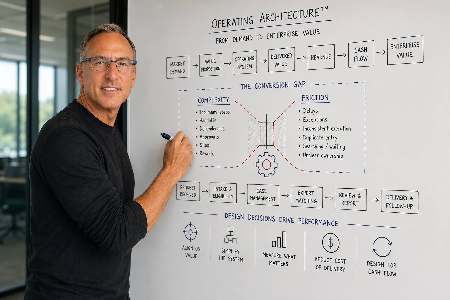 Tom Bassinger working at an Operating Architecture whiteboard